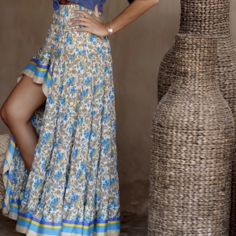 SOLD OUT CLEARANCE Blue Floral Bohemian Hi Lo Maxi Skirt - Picture 4 of 7